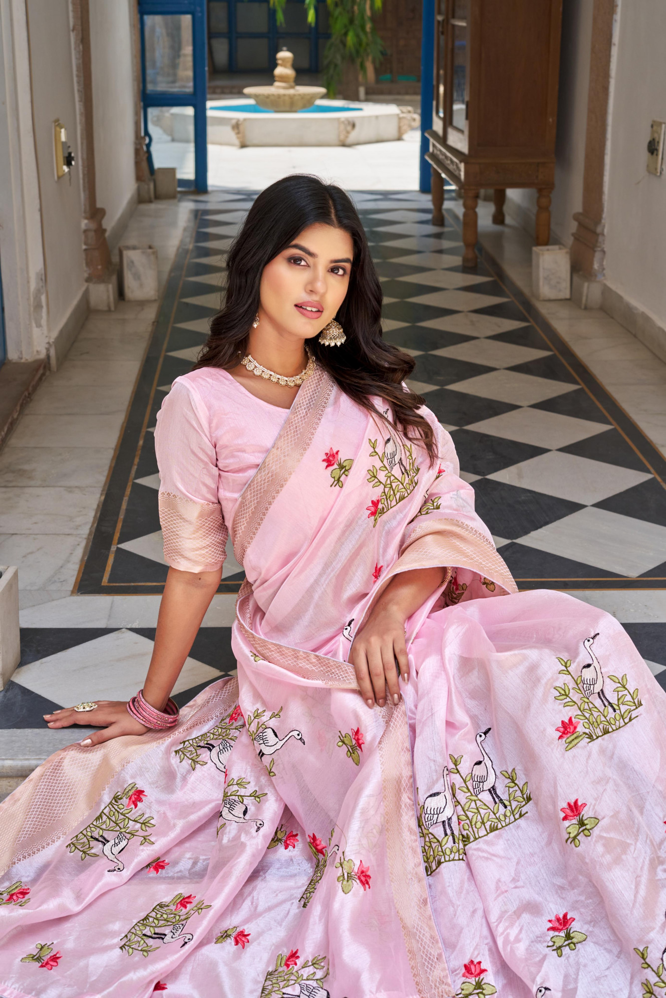Pink Kota Crystal Embroidered Jacquard Zari Border Saree