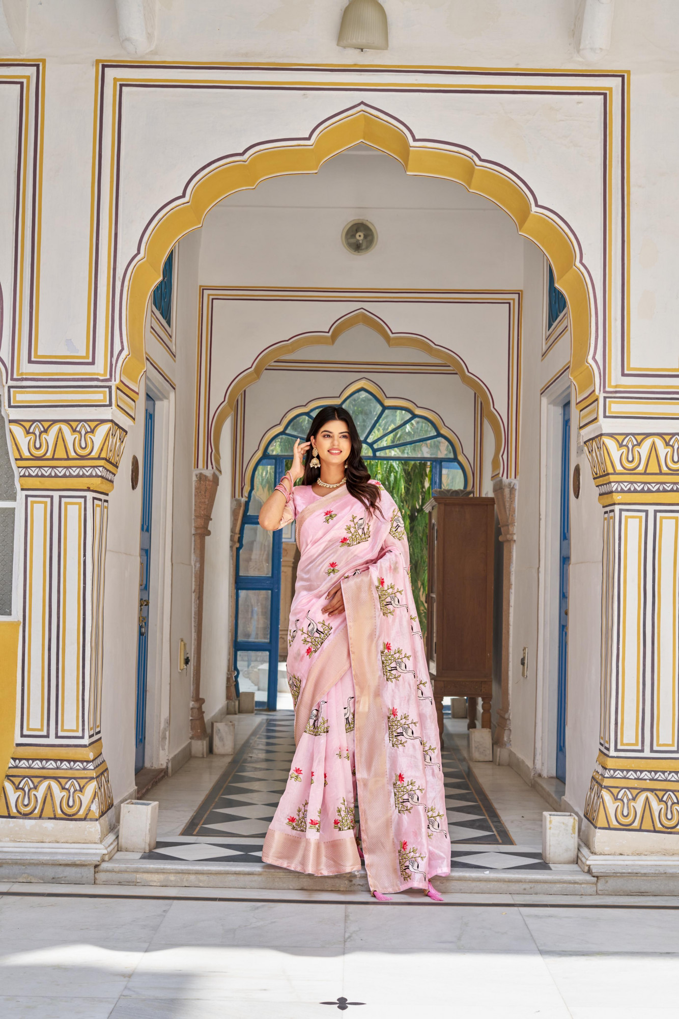 Pink Kota Crystal Embroidered Jacquard Zari Border Saree