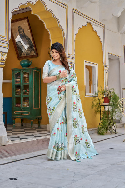 Image of Sky Blue Kota Crystal Embroidered Jacquard Zari Border Saree