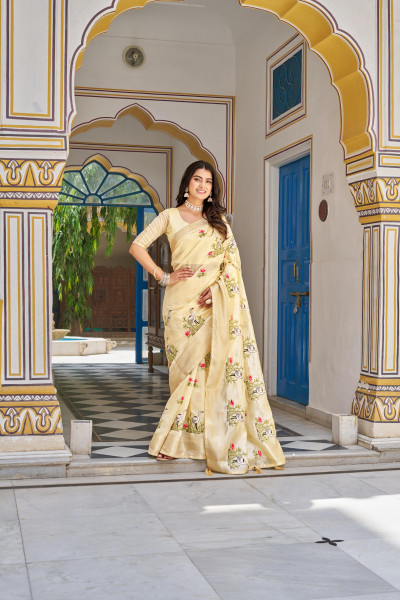 Image of Light Yellow Kota Crystal Embroidered Jacquard Zari Border Saree