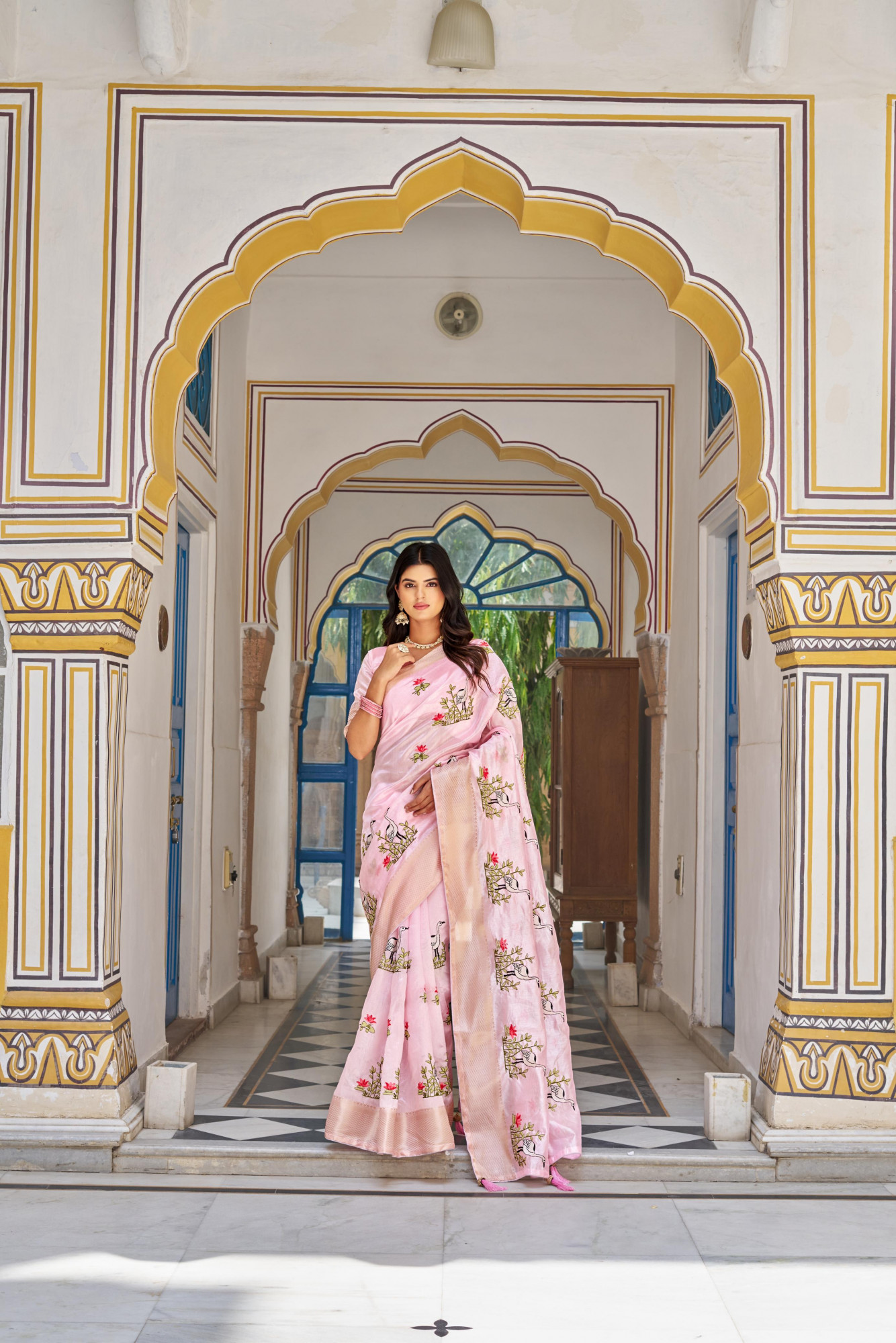 Pink Kota Crystal Embroidered Jacquard Zari Border Saree
