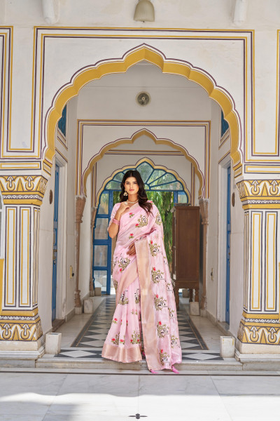 Image of Pink Kota Crystal Embroidered Jacquard Zari Border Saree