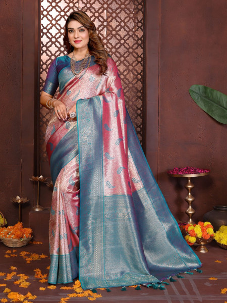 Image of Pink Pure Banarasi Tissue Silk Paithani Rich Zari Weaved Saree