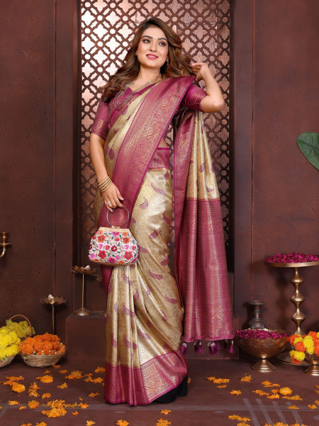 Image of Beige Pure Banarasi Tissue Silk Paithani Rich Zari Weaved Saree