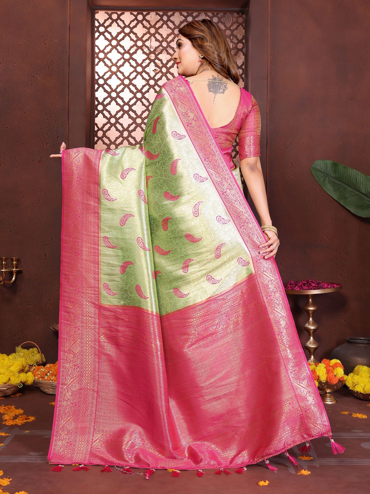 Pistachio Pure Banarasi Tissue Silk Paithani Rich Zari Weaved Saree
