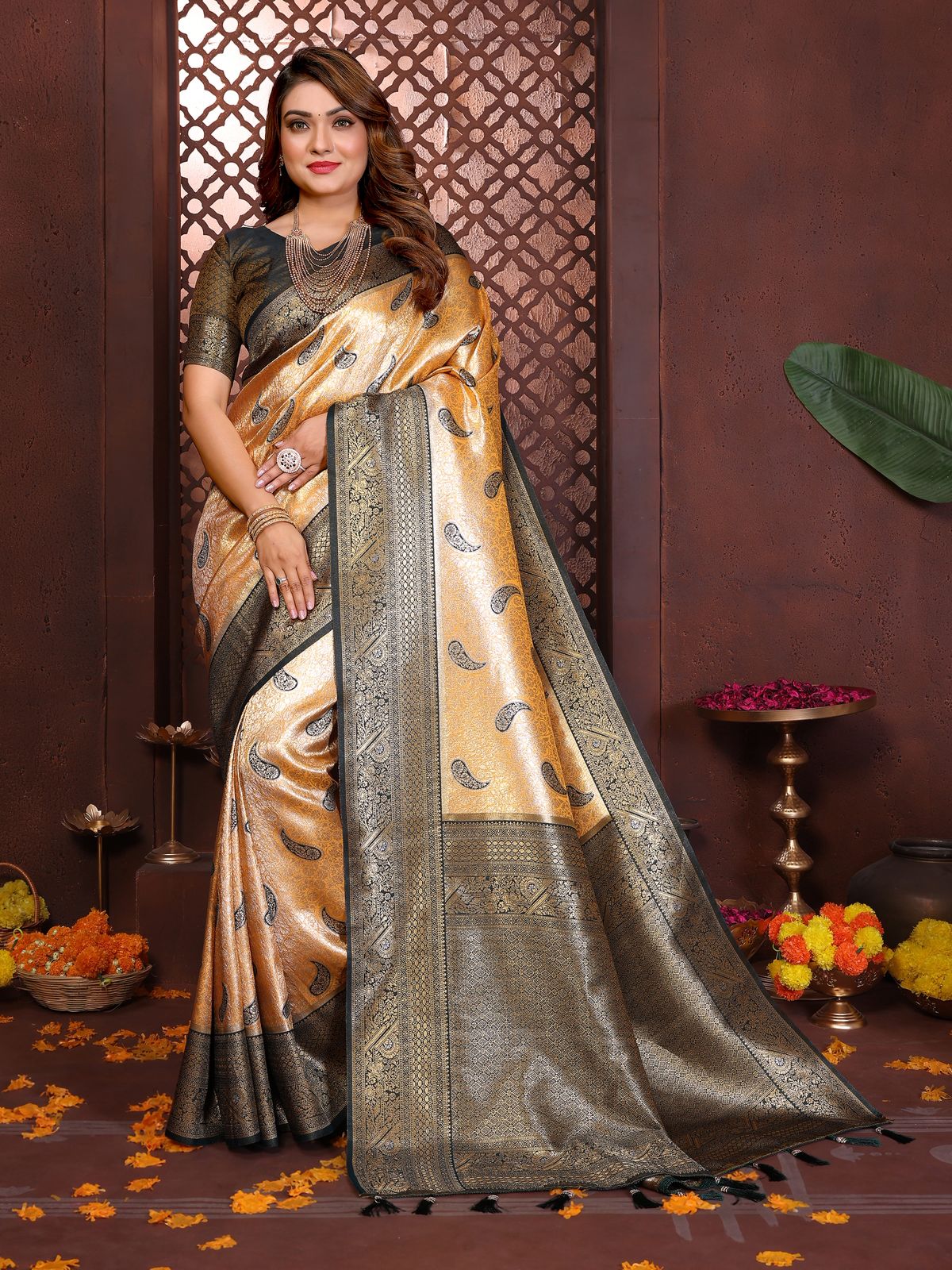 Cream Pure Banarasi Tissue Silk Paithani Rich Zari Weaved Saree