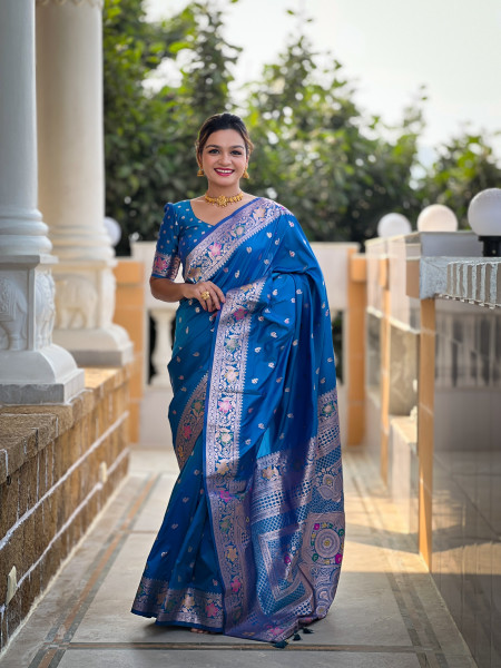 Image of Blue Banarasi Silk Zari Meenakari Weaved Saree
