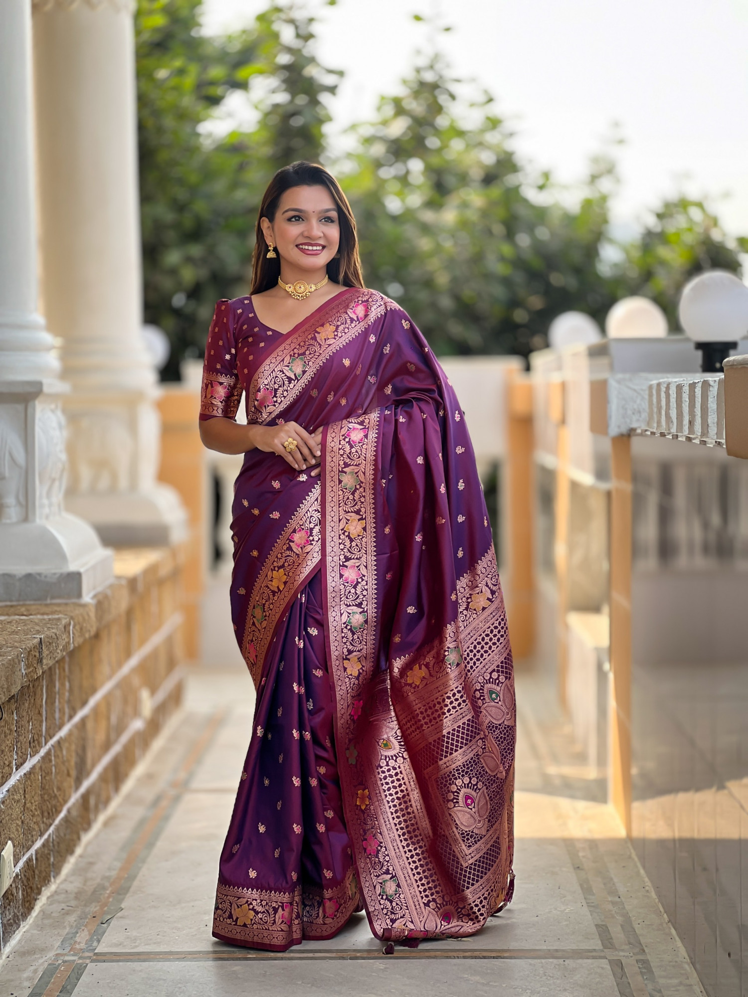 Wine Banarasi Silk Zari Meenakari Weaved Saree