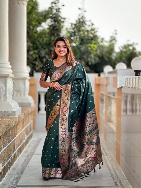 Image of Bottle Green Banarasi Silk Zari Meenakari Weaved Saree