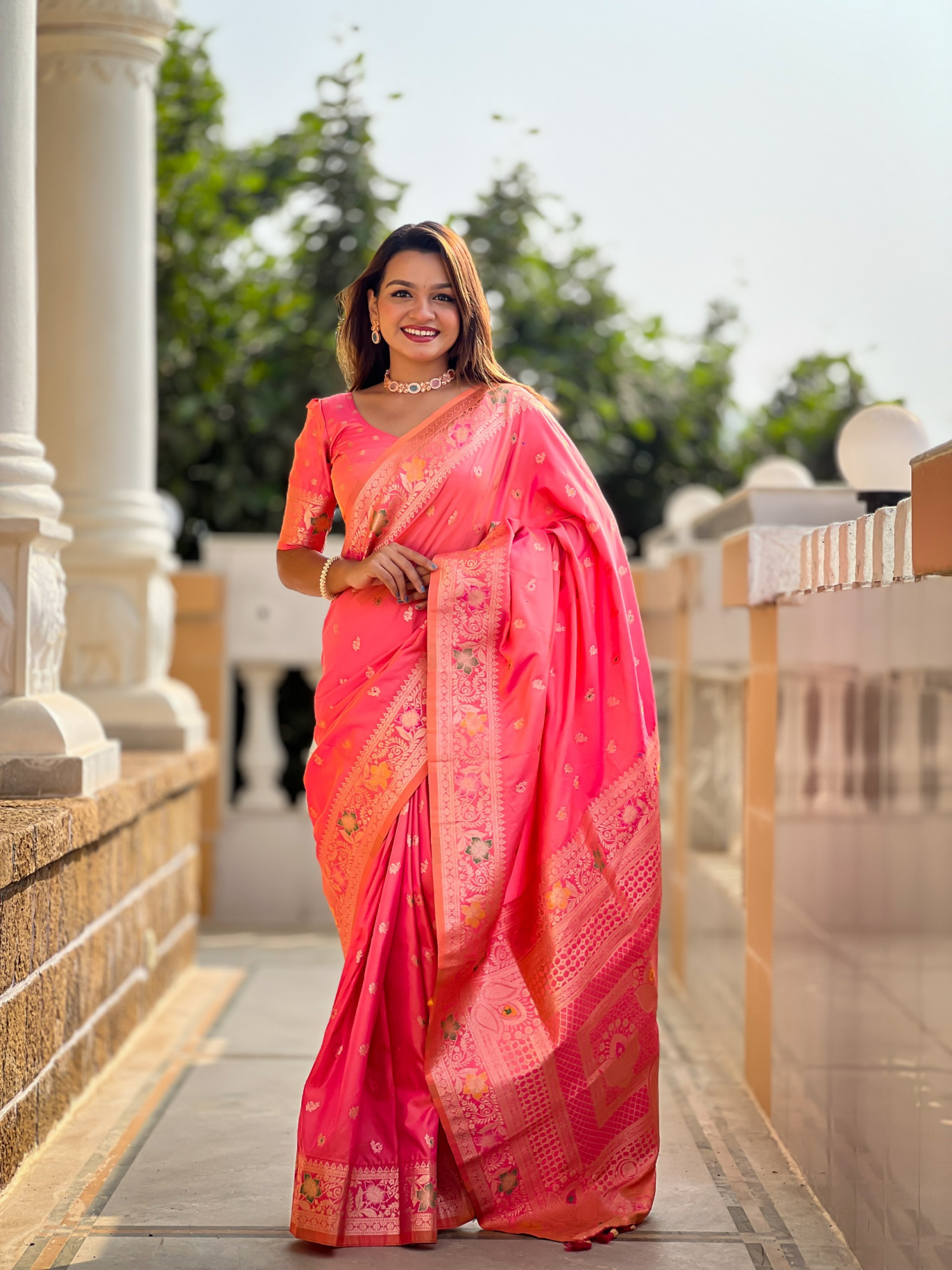 Pink Banarasi Silk Zari Meenakari Weaved Saree