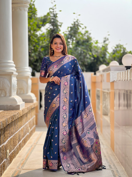 Image of Indigo Blue Banarasi Silk Zari Meenakari Weaved Saree