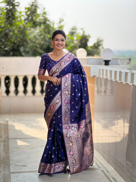 Image of Navy Blue Banarasi Silk Zari Meenakari Weaved Saree