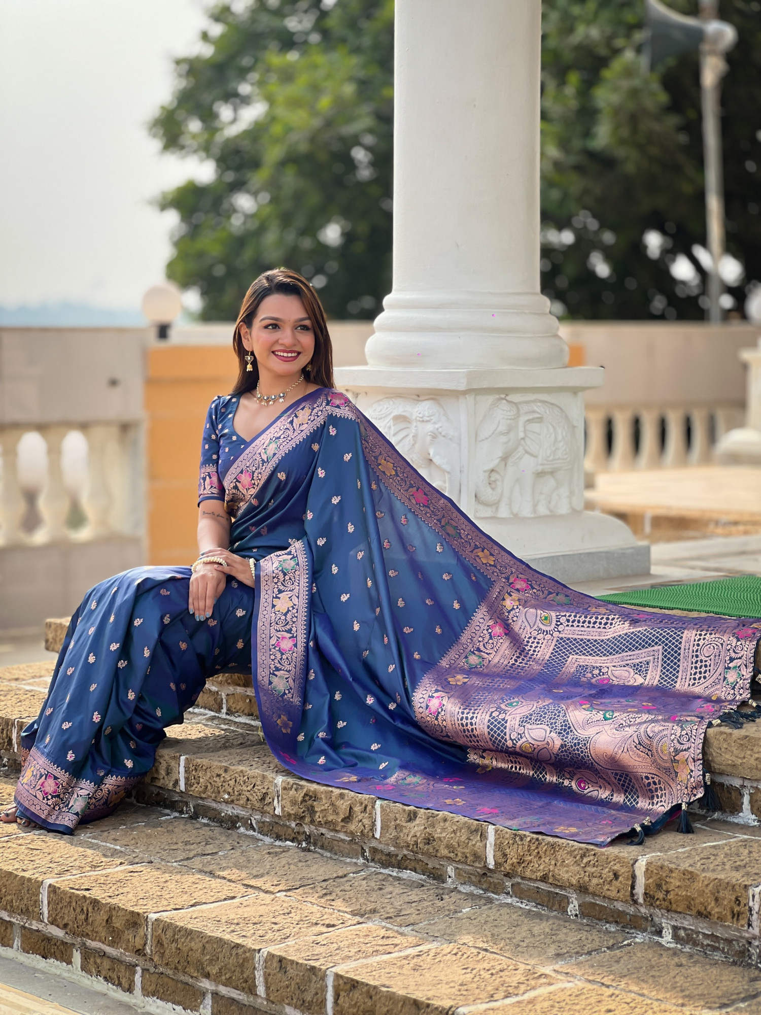 Indigo Blue Banarasi Silk Zari Meenakari Weaved Saree