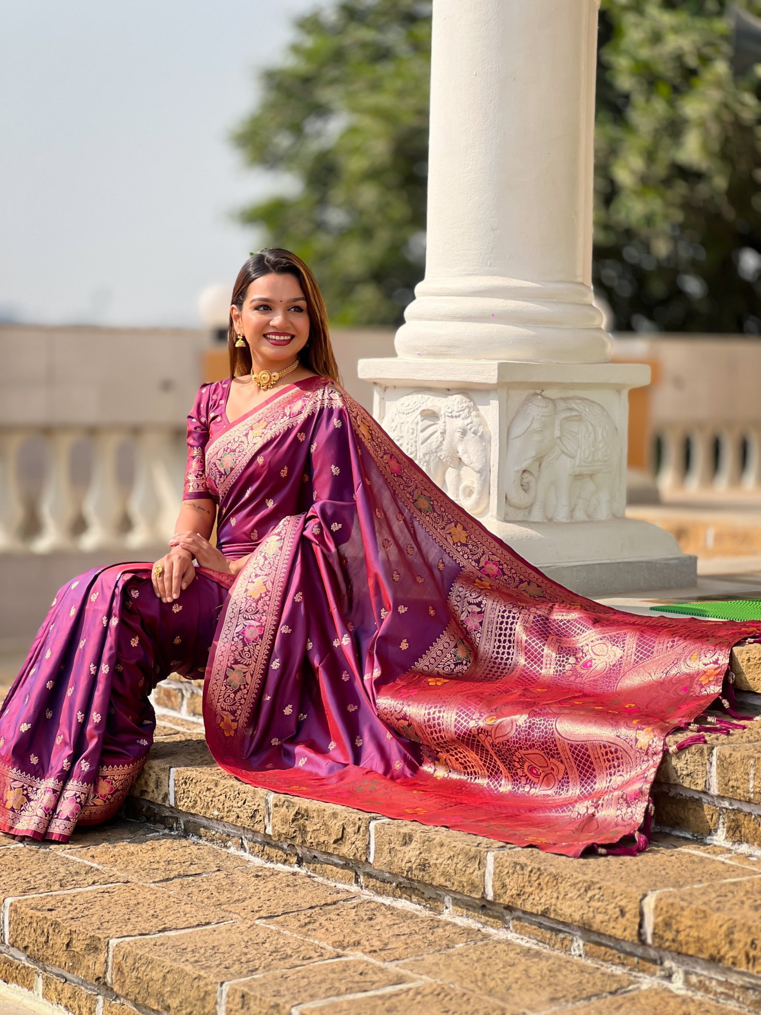 Wine Banarasi Silk Zari Meenakari Weaved Saree