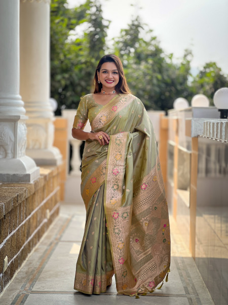 Image of Olive Green Banarasi Silk Zari Meenakari Weaved Saree
