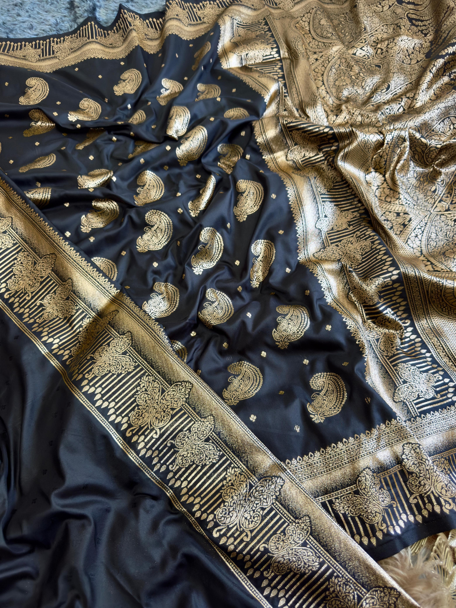 Black Banarasi Silk Gold Zari Rich Weaved All Over Saree