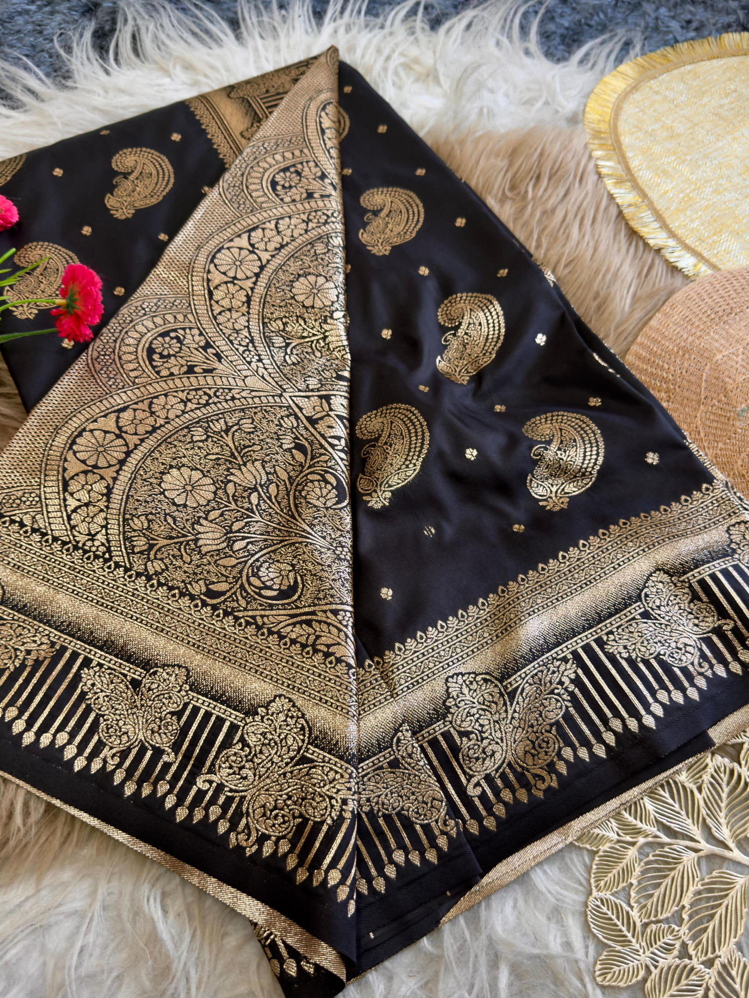 Black Banarasi Silk Gold Zari Rich Weaved All Over Saree