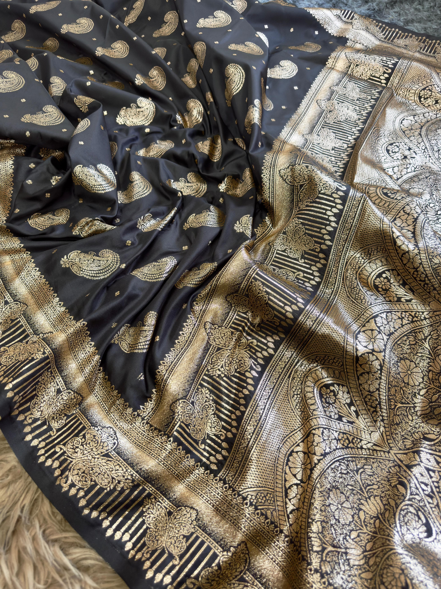Black Banarasi Silk Gold Zari Rich Weaved All Over Saree