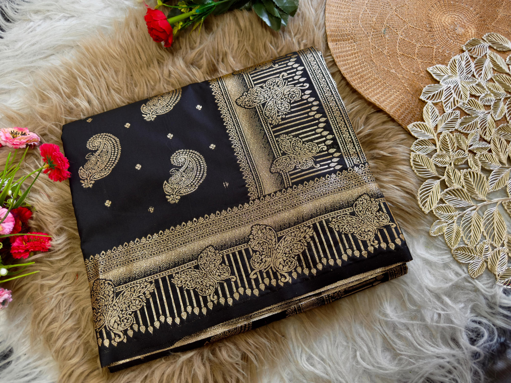 Black Banarasi Silk Gold Zari Rich Weaved All Over Saree