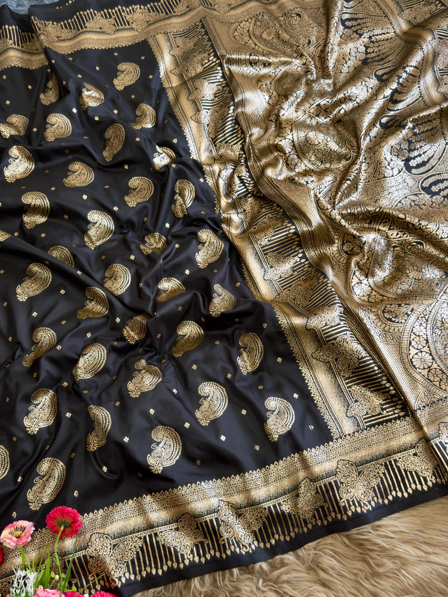 Black Banarasi Silk Gold Zari Rich Weaved All Over Saree