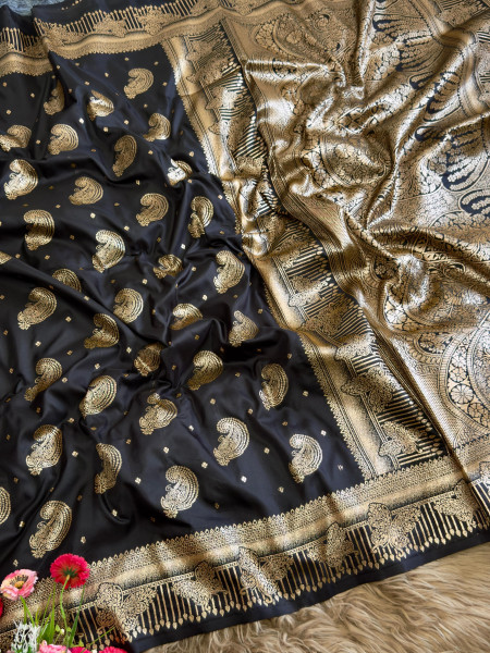 Image of Black Banarasi Silk Gold Zari Rich Weaved All Over Saree