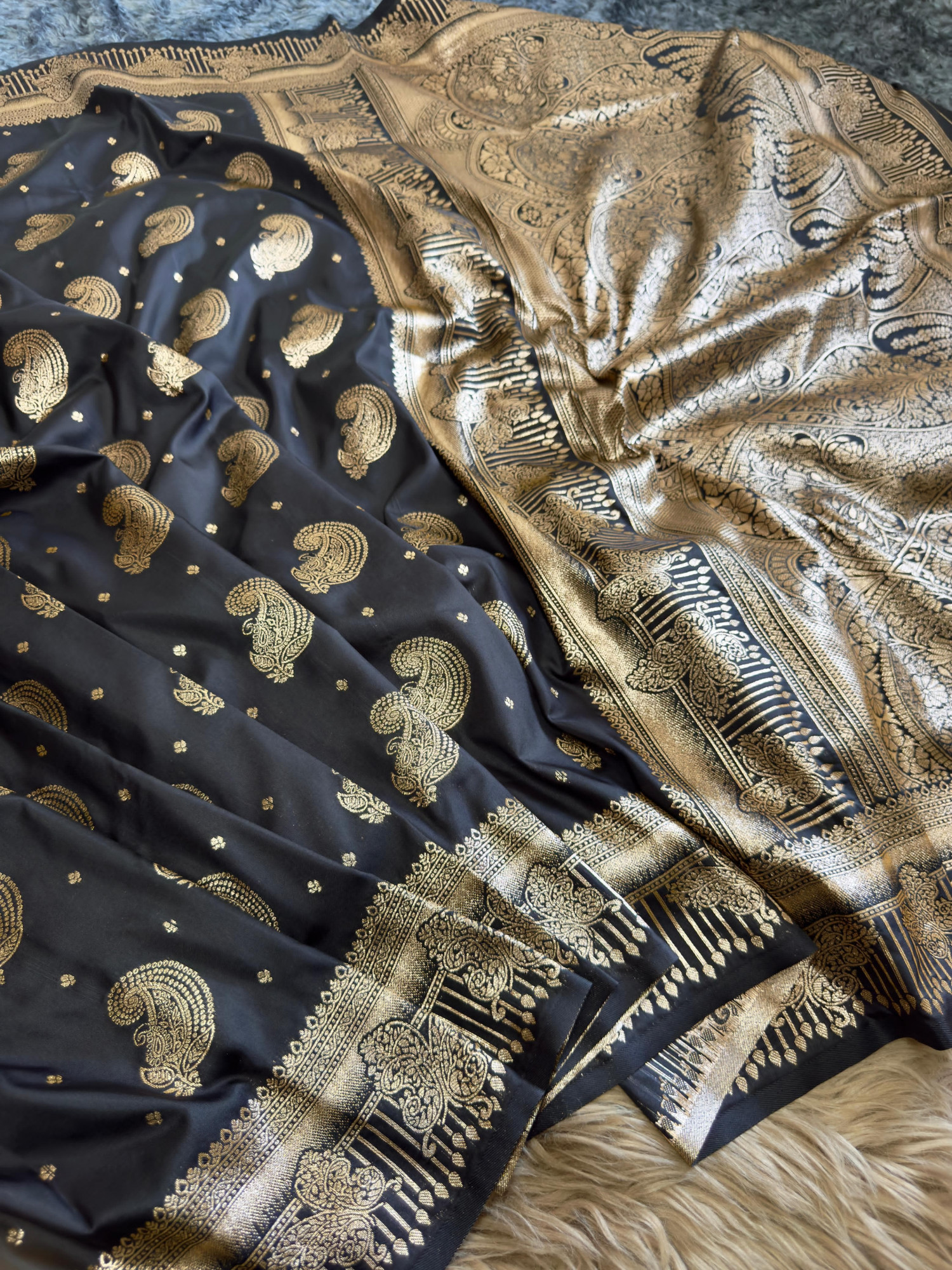 Black Banarasi Silk Gold Zari Rich Weaved All Over Saree