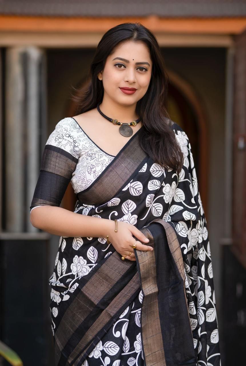 Black White Soft Slub Silk Kalamkari Print Zari Border Saree