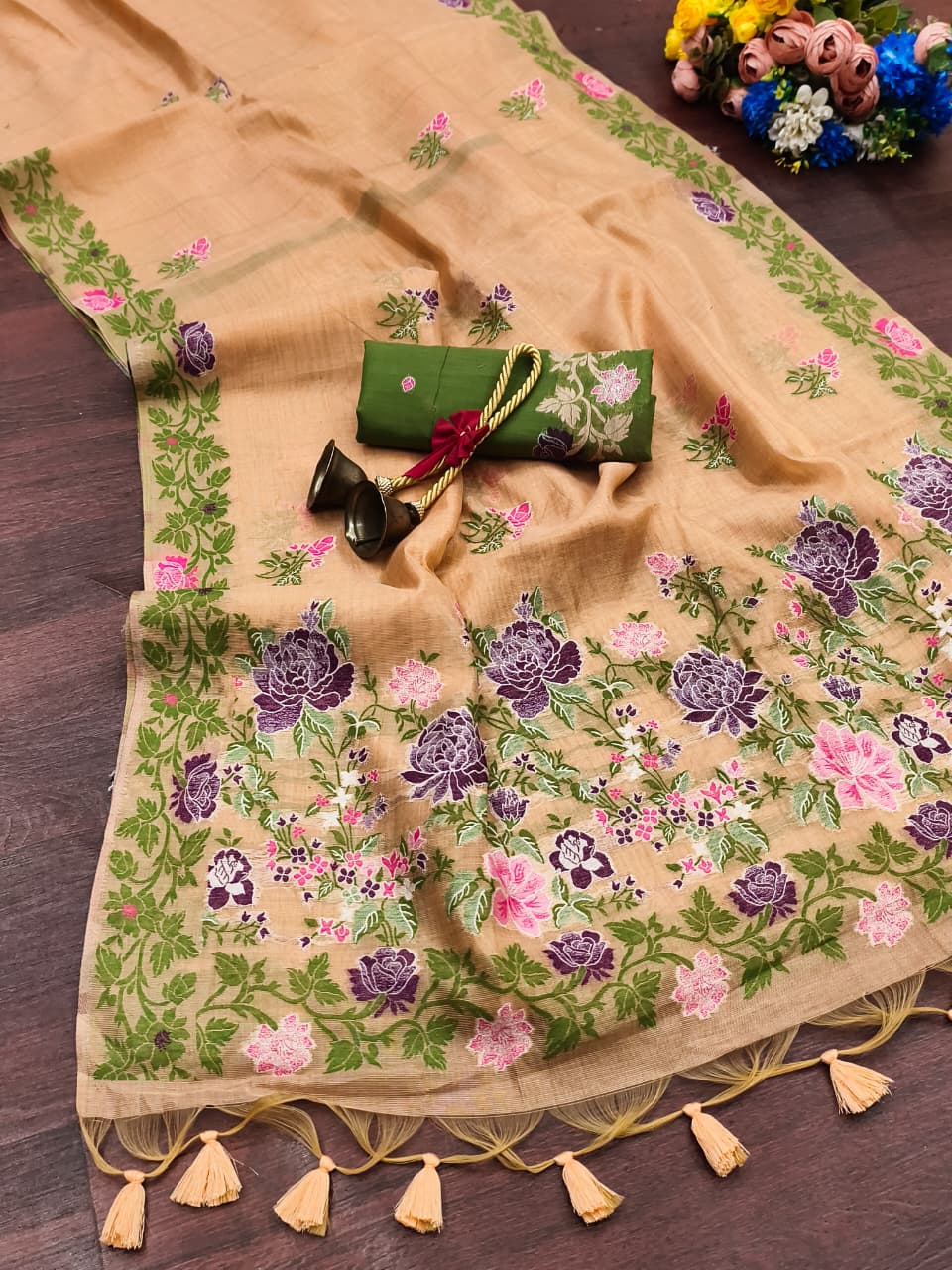 Peach Pure Tissue Silk Floral Multicolor Resham Weaved Saree