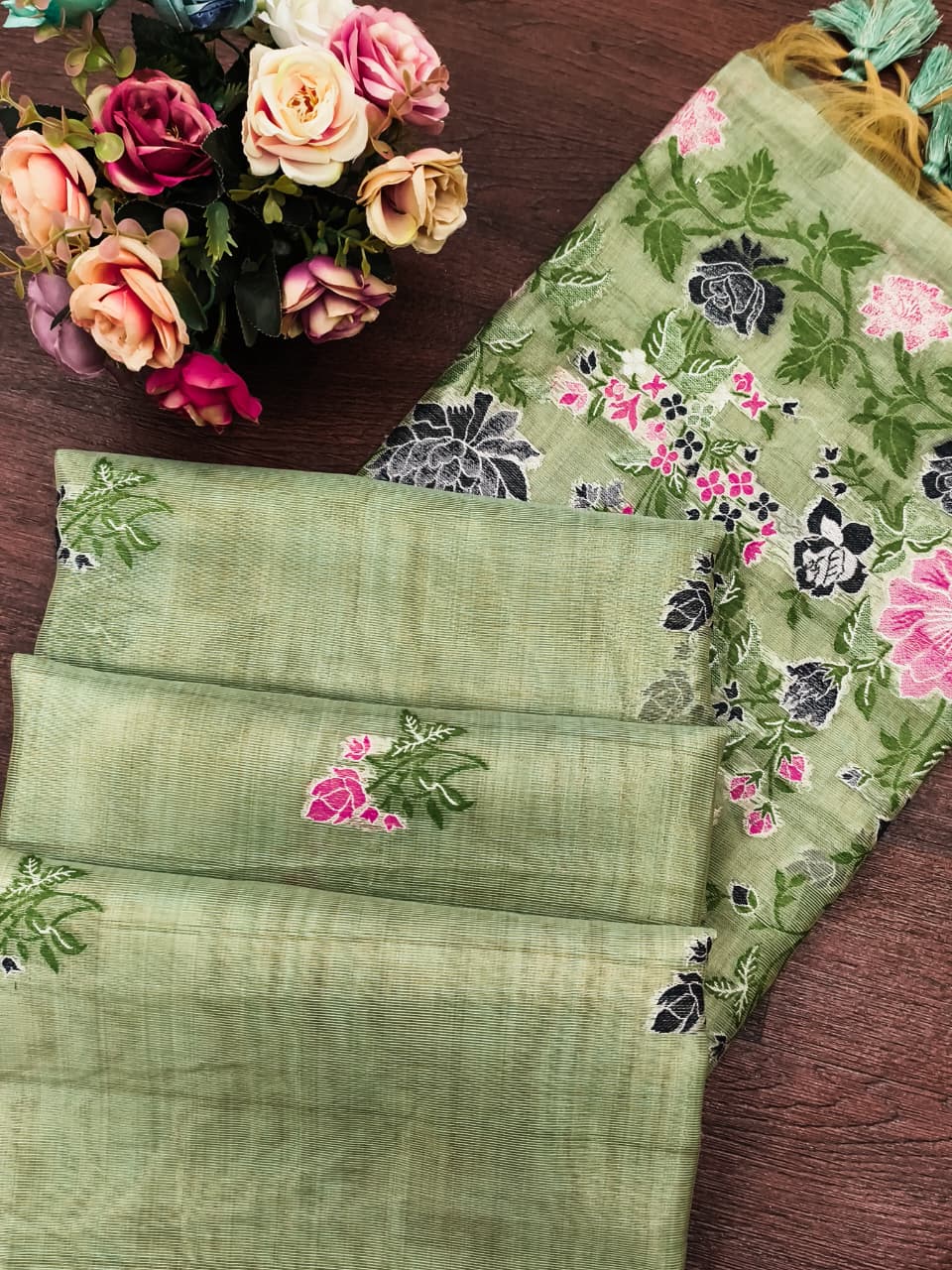 Olive Green Pure Tissue Silk Floral Multicolor Resham Weaved Saree