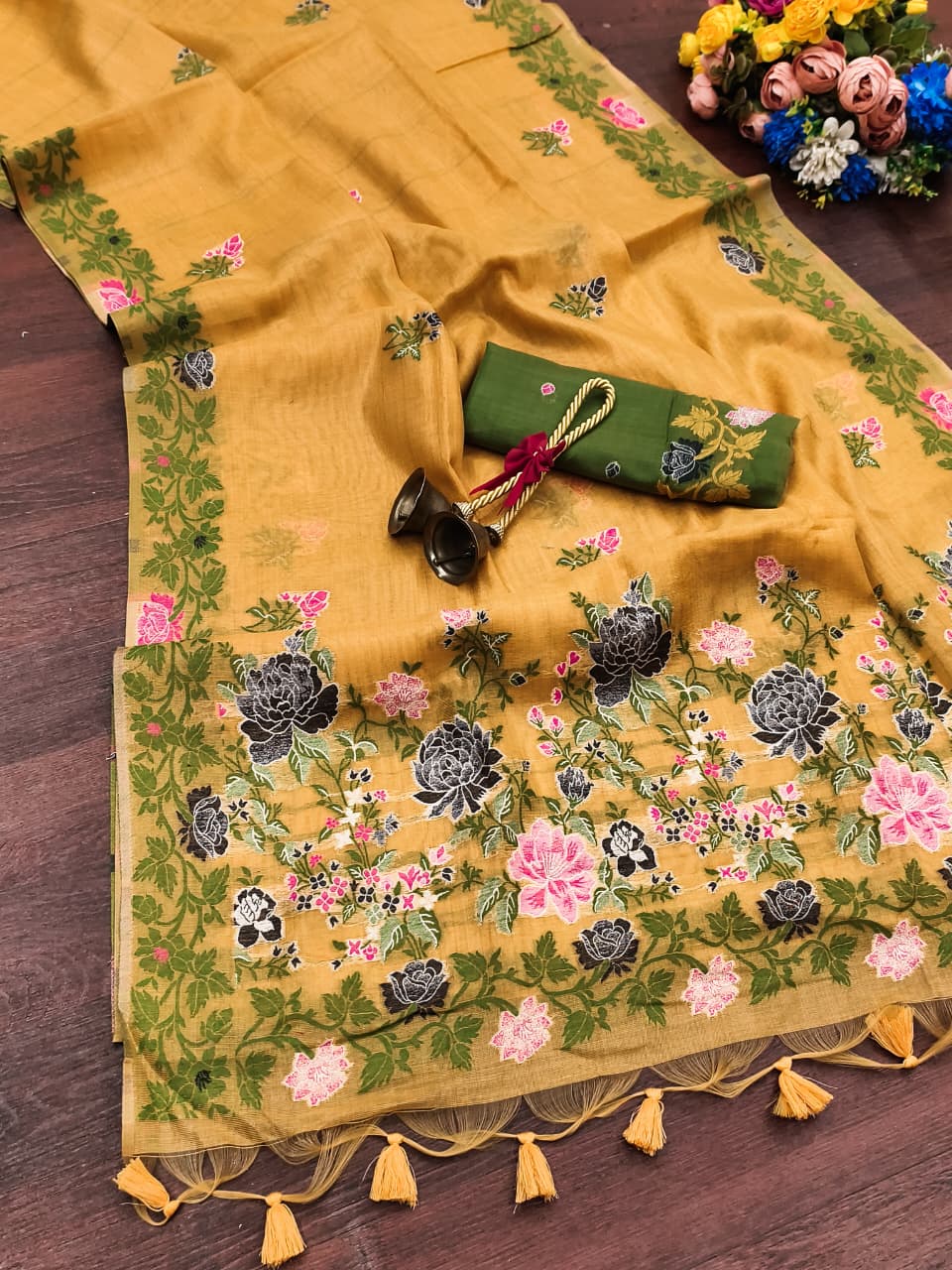 Gold Pure Tissue Silk Floral Multicolor Resham Weaved Saree