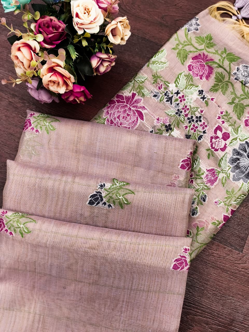 Purple Pure Tissue Silk Floral Multicolor Resham Weaved Saree