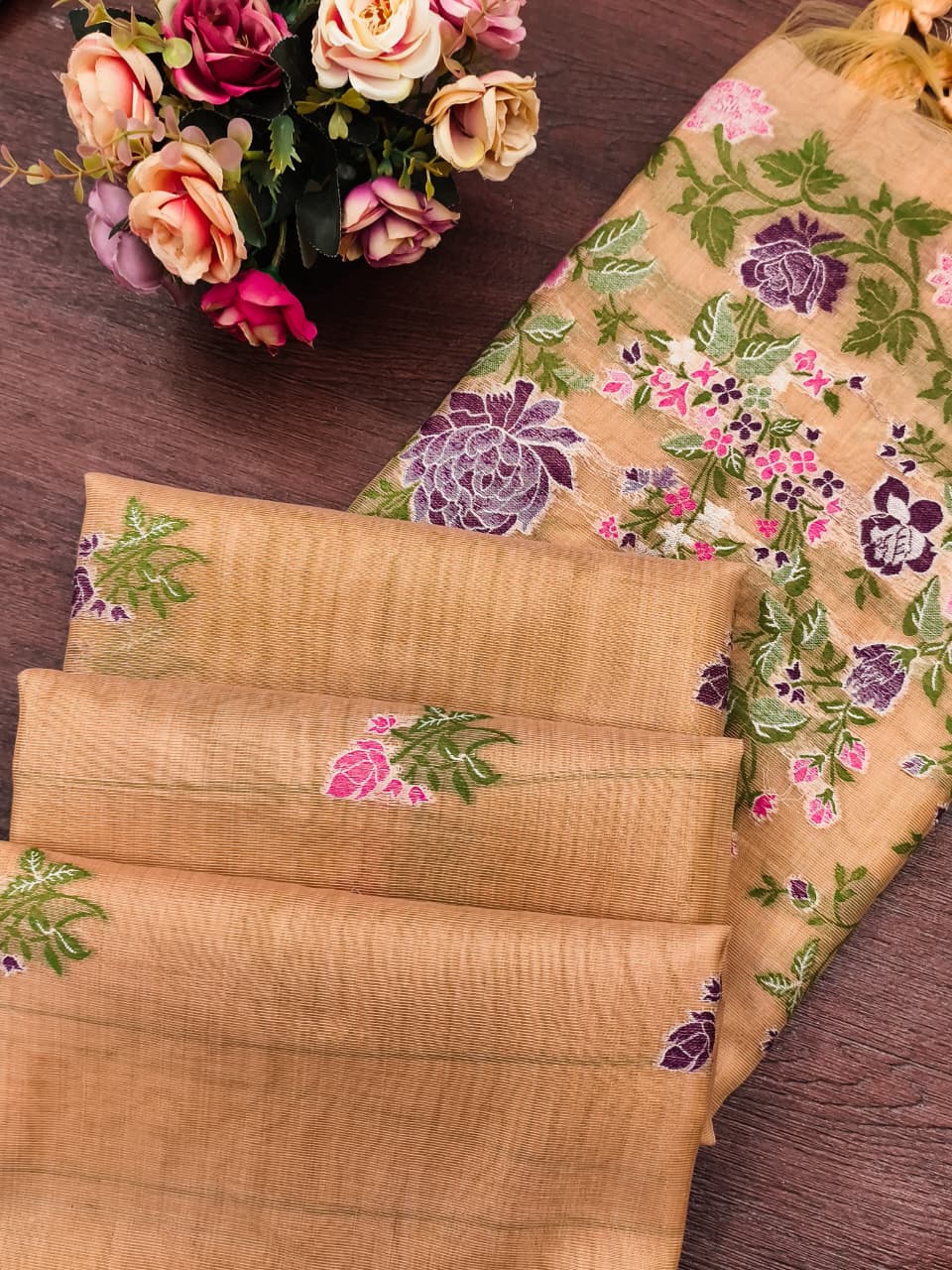 Peach Pure Tissue Silk Floral Multicolor Resham Weaved Saree