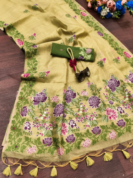 Image of Light Mehendi Pure Tissue Silk Floral Multicolor Resham Weaved Saree