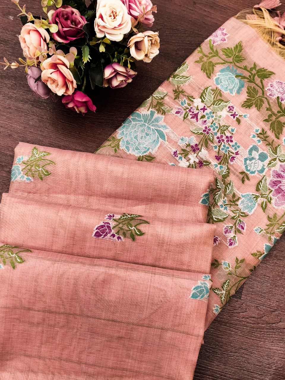 Pink Pure Tissue Silk Floral Multicolor Resham Weaved Saree