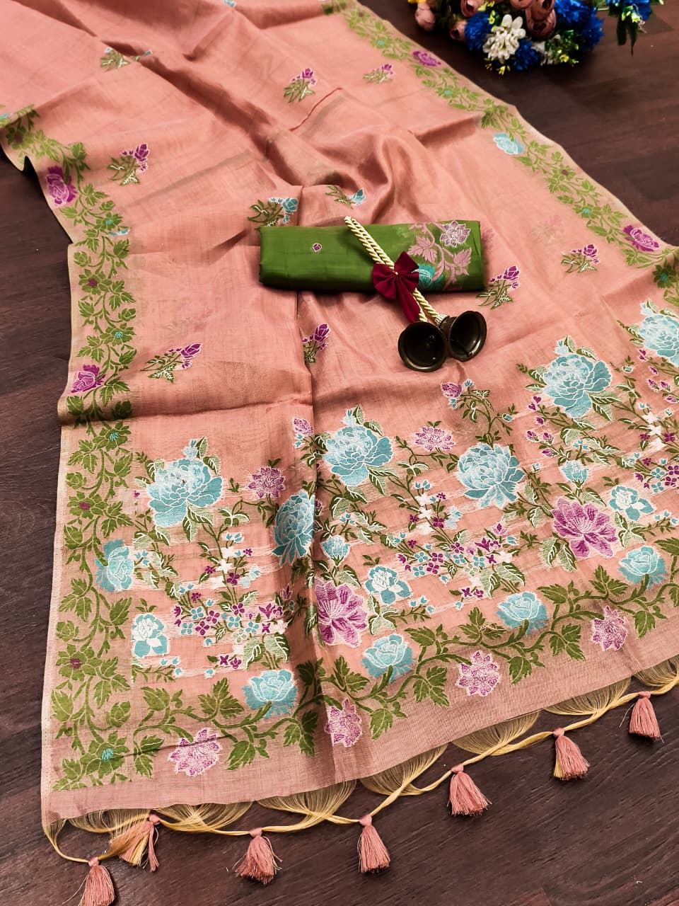 Pink Pure Tissue Silk Floral Multicolor Resham Weaved Saree