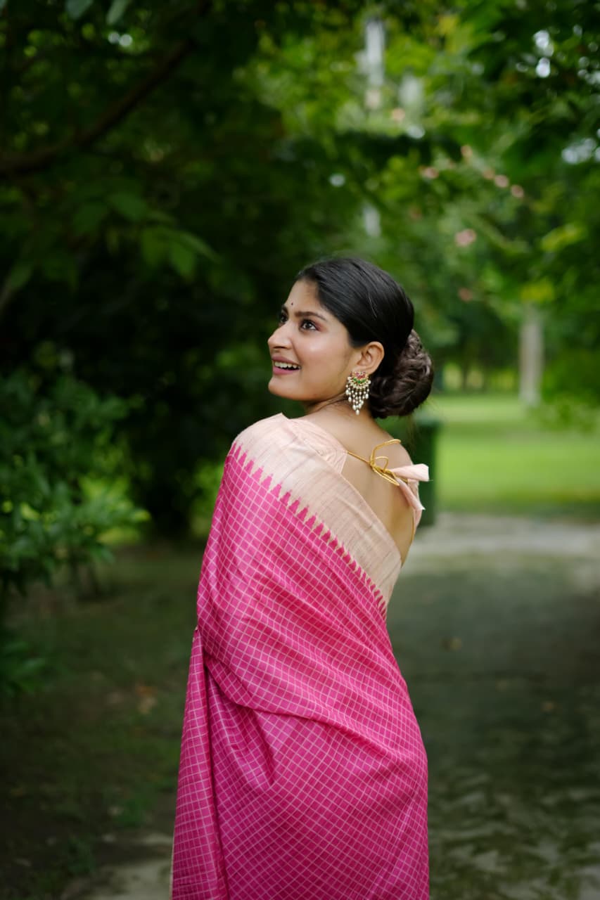 Raani Soft Tussar Silk Check Printed Kantha Lining Pallu Saree