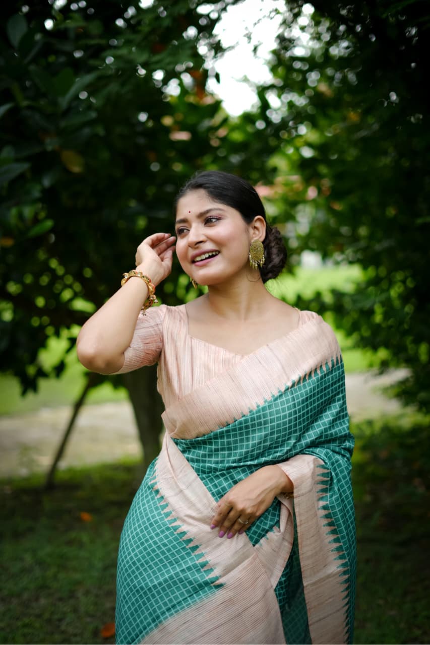 Jade Green Soft Tussar Silk Check Printed Kantha Lining Pallu Saree