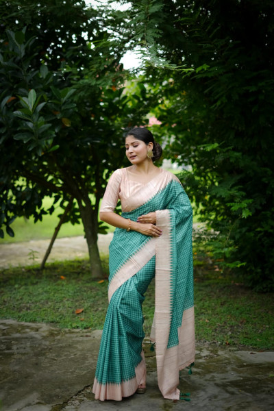 Image of Jade Green Soft Tussar Silk Check Printed Kantha Lining Pallu Saree