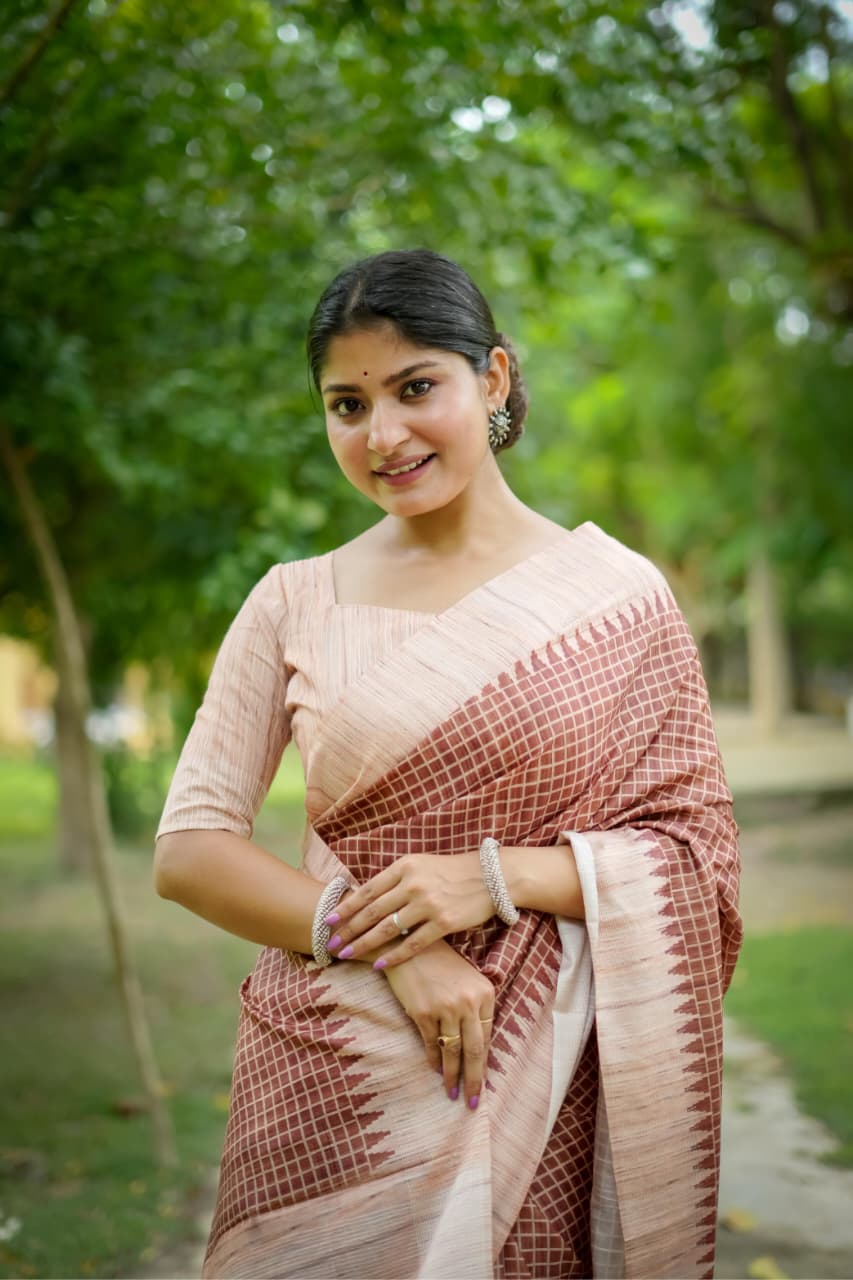 Brown Soft Tussar Silk Check Printed Kantha Lining Pallu Saree