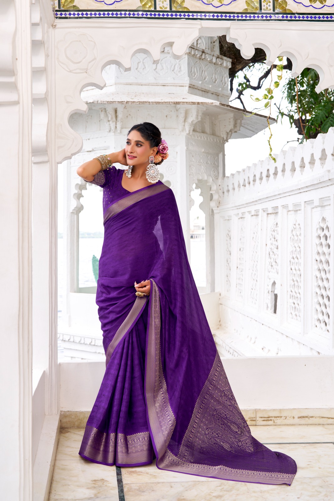 Dark Purple Chinon Self Printed Zari Weaved Border Saree