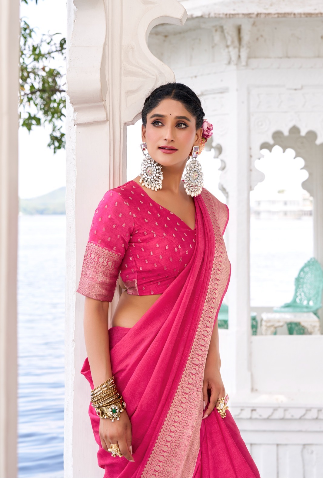 Raani Chinon Self Printed Zari Weaved Border Saree