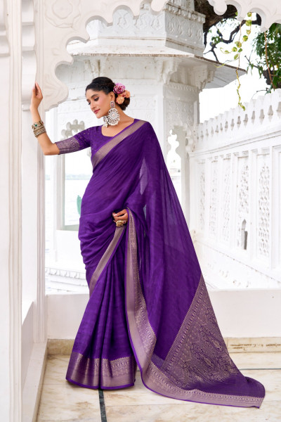Image of Dark Purple Chinon Self Printed Zari Weaved Border Saree