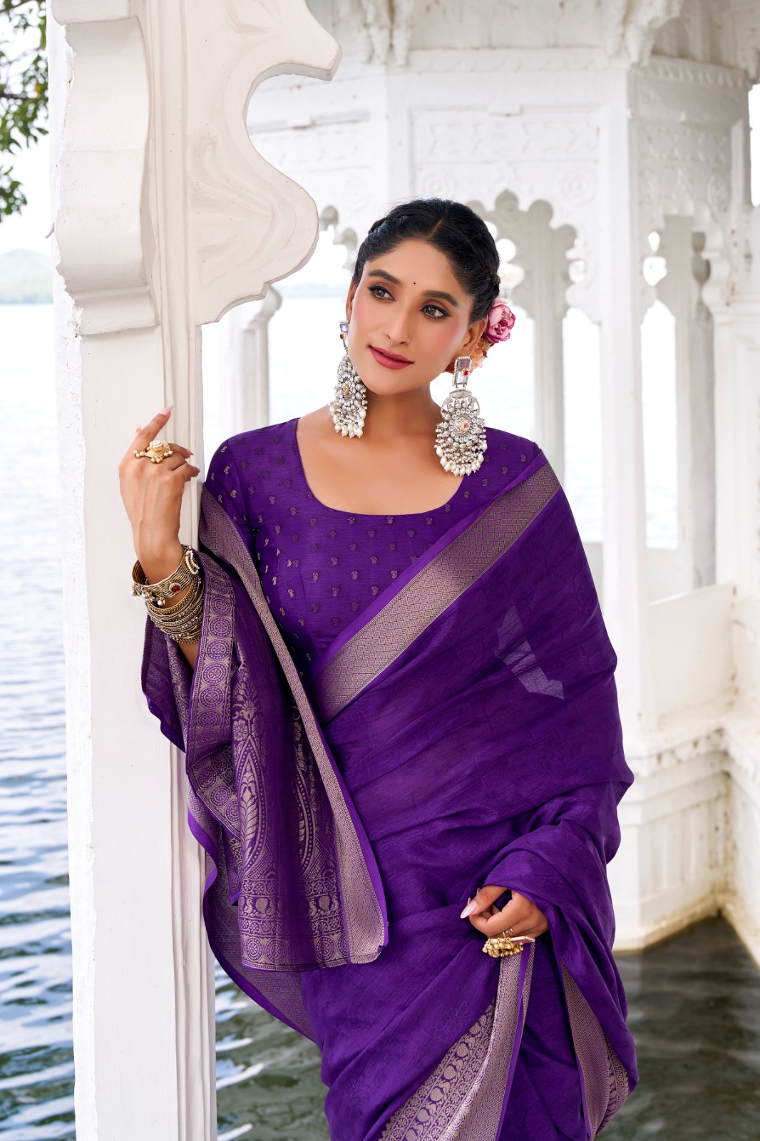 Dark Purple Chinon Self Printed Zari Weaved Border Saree