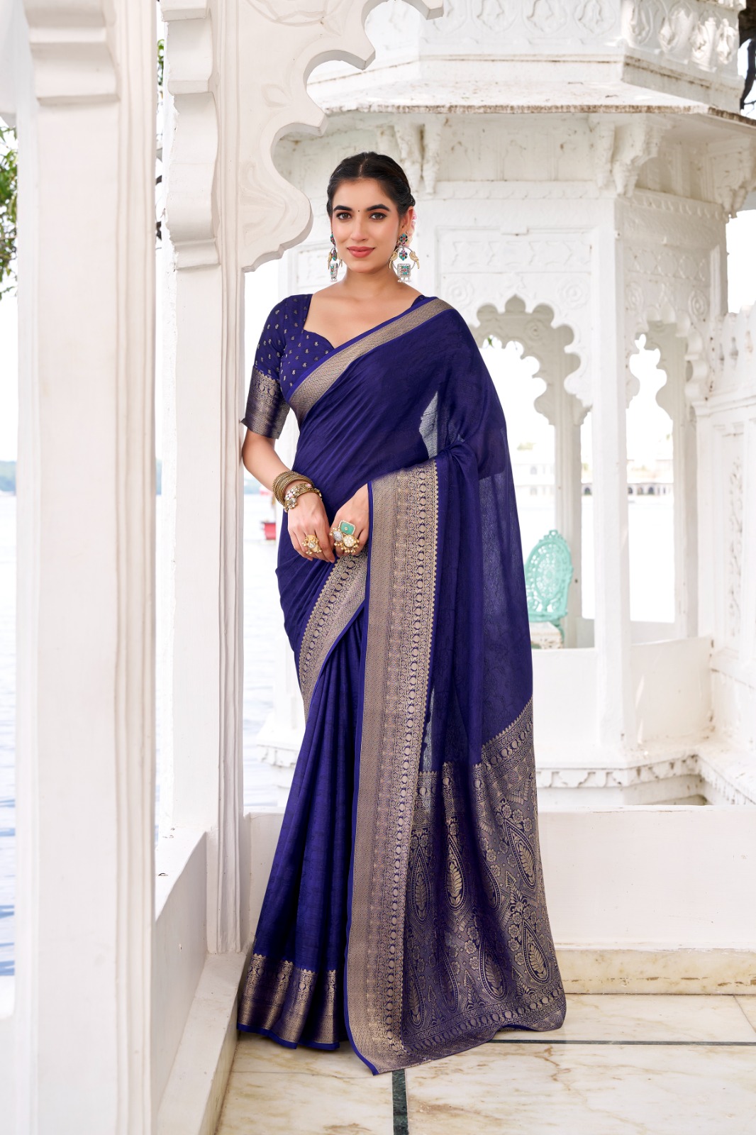 Dark Navy Blue Chinon Self Printed Zari Weaved Border Saree