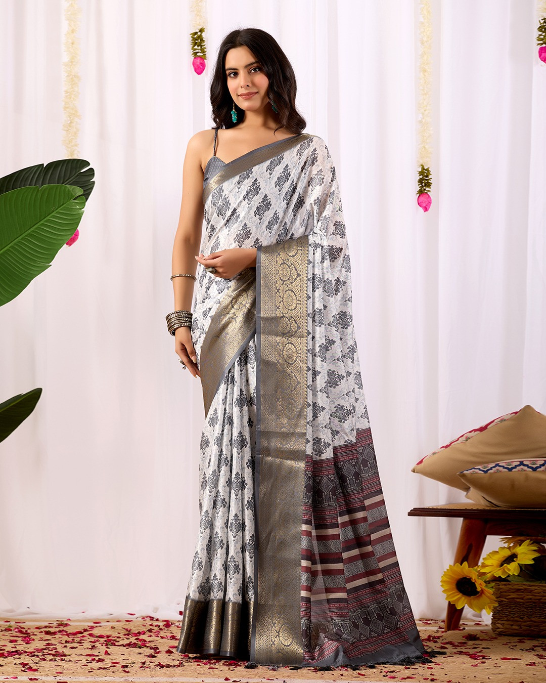 White Soft Banarasi Silk Black Ethnic Motifs Gold Zari Border Saree