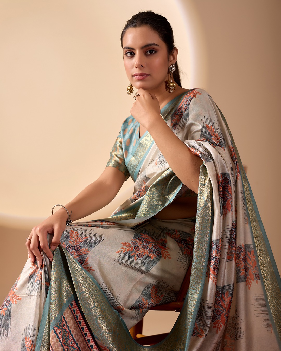 Ivory Soft Banarasi Silk Digital Printed Gold Zari Border Saree