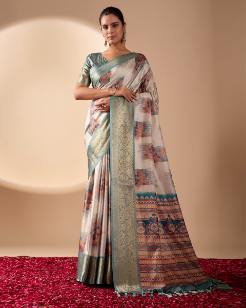 Image of Ivory Soft Banarasi Silk Digital Printed Gold Zari Border Saree
