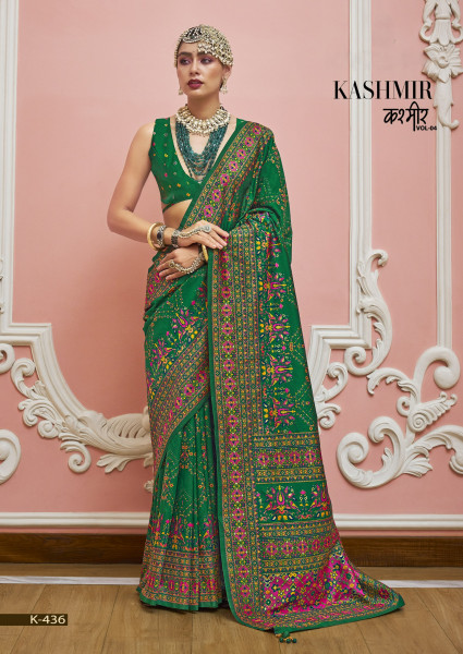 Image of Green Premium Luxurious Banarasi PV Silk Kashmiri Weaved Saree