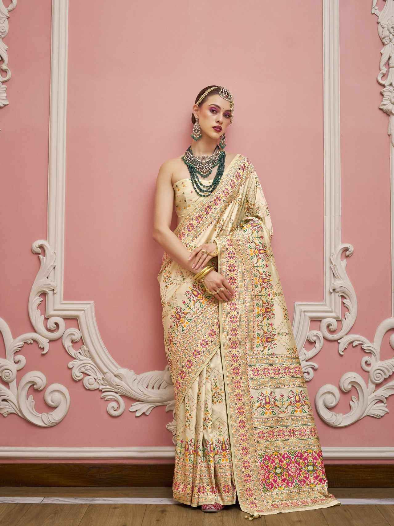 Cream Premium Luxurious Banarasi PV Silk Kashmiri Weaved Saree