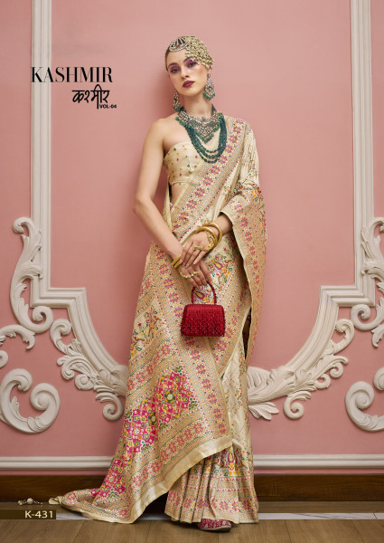 Image of Cream Premium Luxurious Banarasi PV Silk Kashmiri Weaved Saree